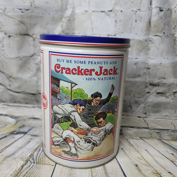 Collectible 1990 Cracker Jack Baseball Theme Advertising Tin Canister w/ Lid - Picture 1 of 6